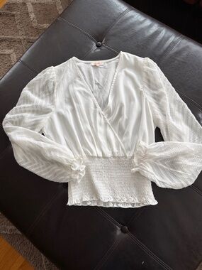 White V-Neck Smocked Waist Blouse with Sheer Balloon Sleeves
